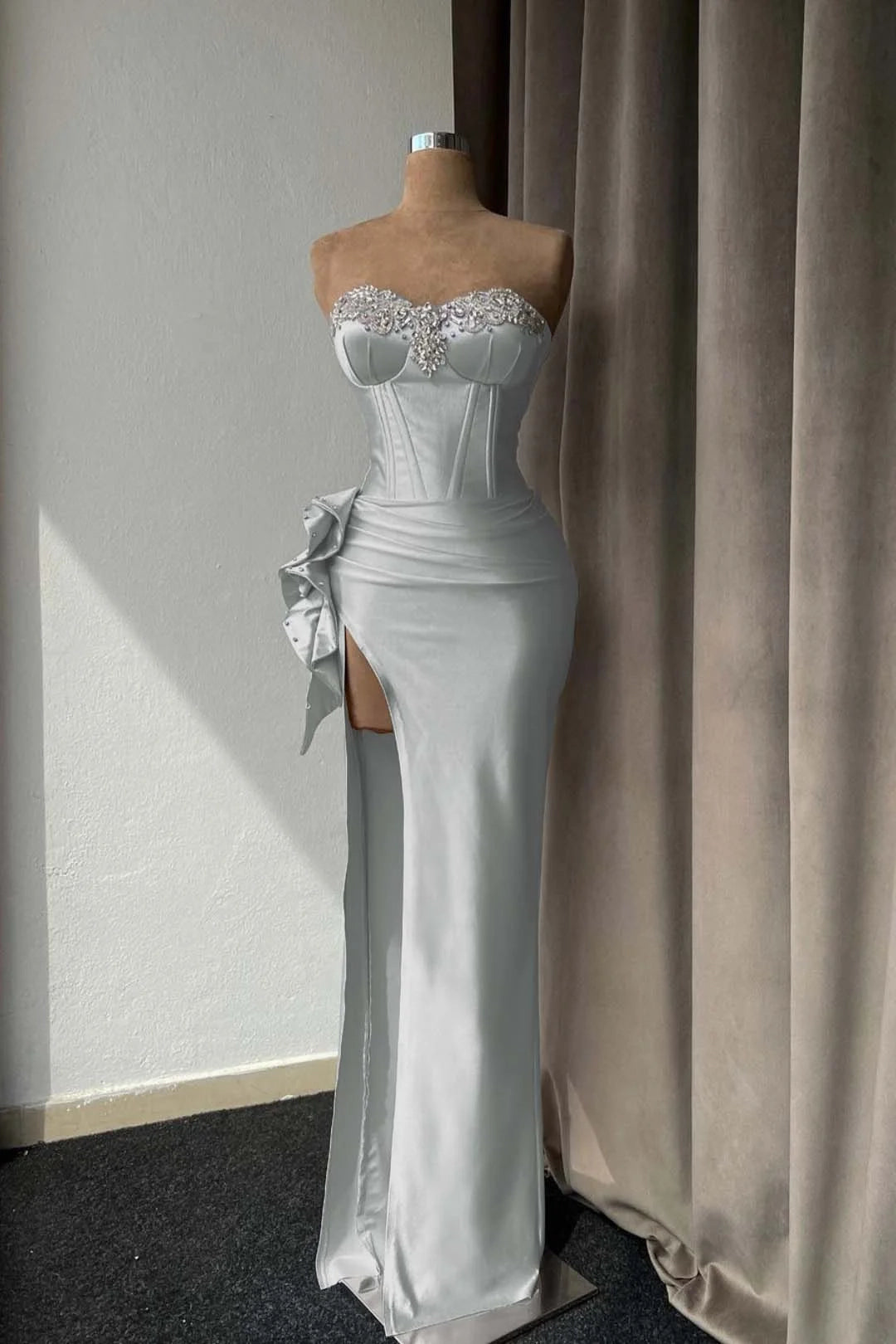 Glamorous Mermaid Strapless Beaded Maxi Party Dress