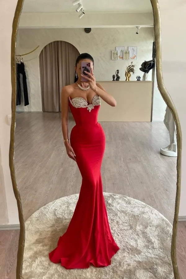 Glamorous Mermaid Strapless Beaded Red Maxi Evening Dress