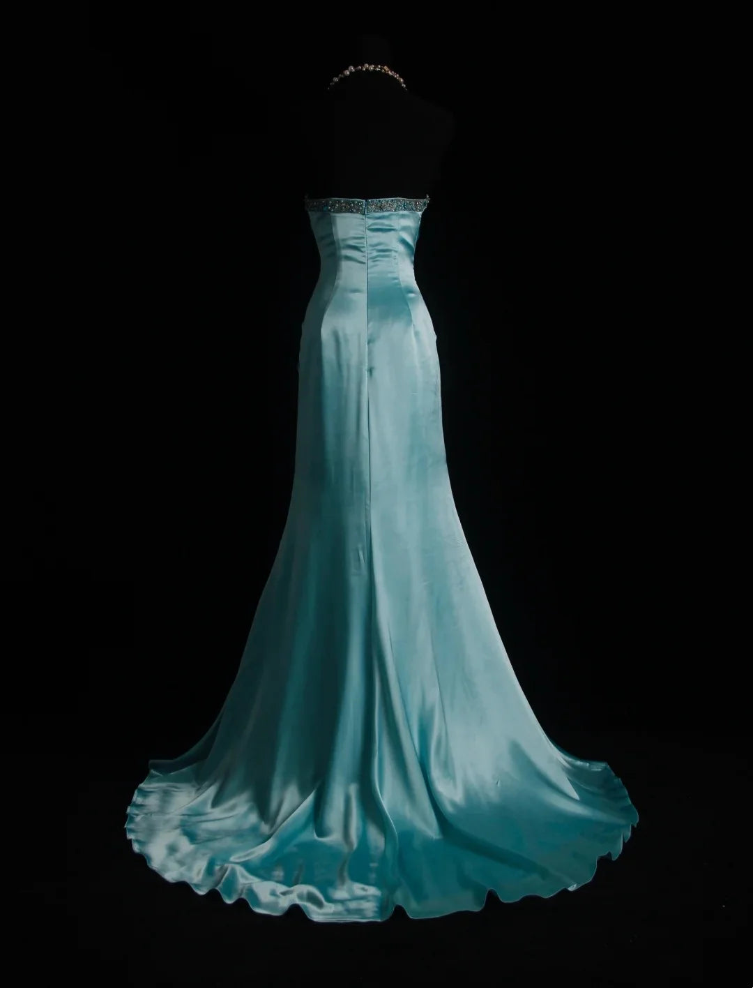 Glamorous Mermaid Strapless Beaded Turquoise Satin Maxi Prom Dress
