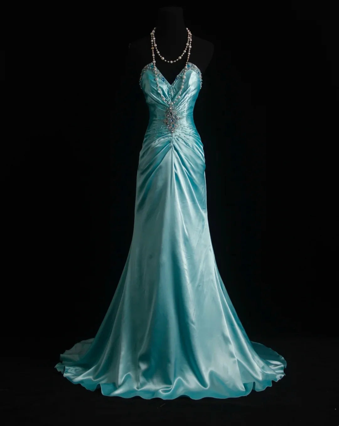Glamorous Mermaid Strapless Beaded Turquoise Satin Maxi Prom Dress
