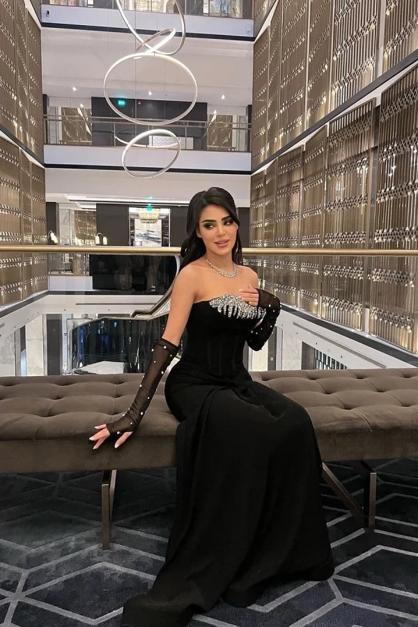 Glamorous Mermaid Strapless Beaded Velvet Black Maxi Evening Dress