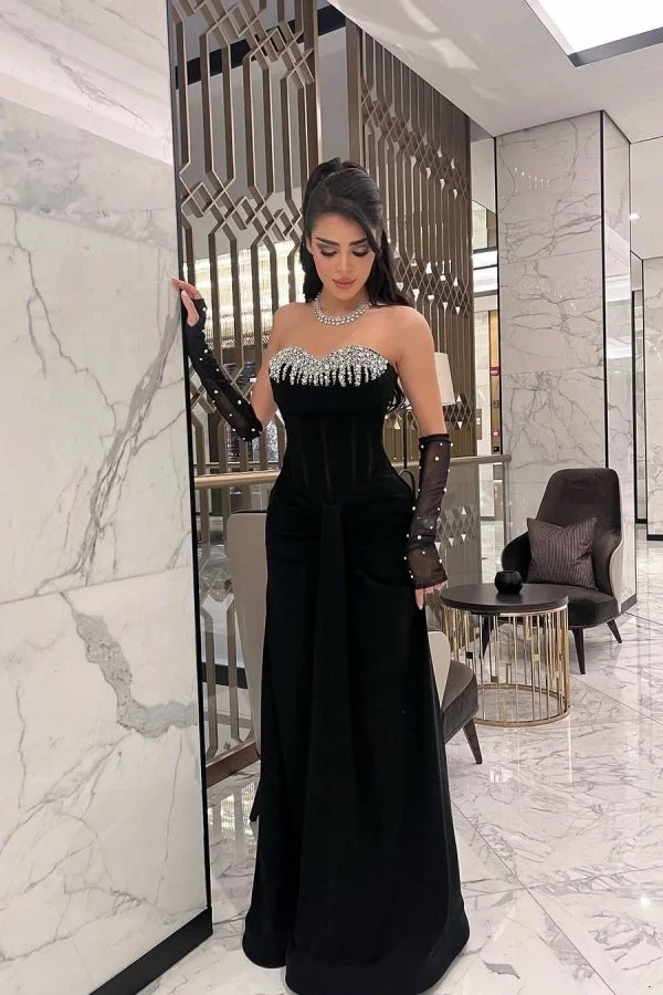 Glamorous Mermaid Strapless Beaded Velvet Black Maxi Evening Dress