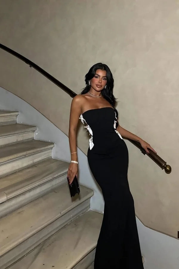 Glamorous Mermaid Strapless Bow Cutout Black Maxi Evening Dress