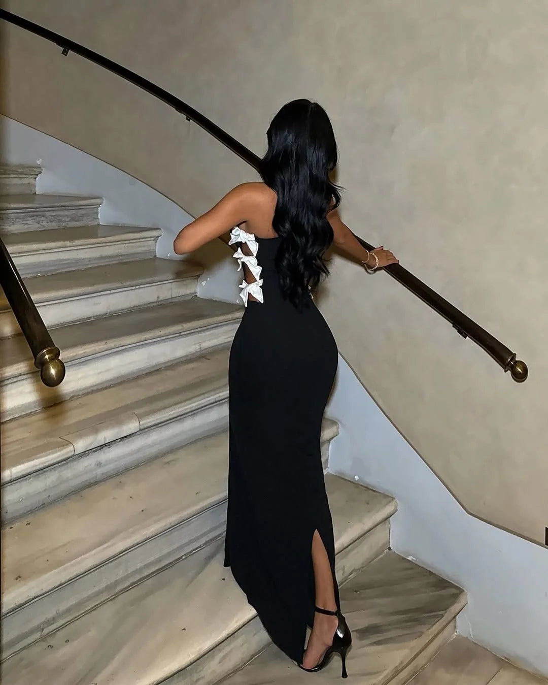 Glamorous Mermaid Strapless Bow Cutout Black Maxi Evening Dress