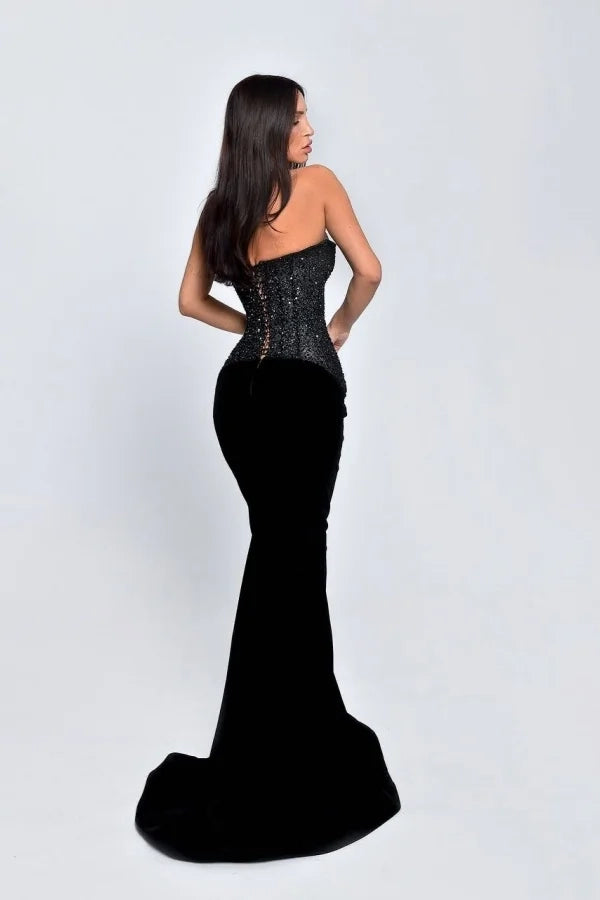 Glamorous Mermaid Strapless Corset Black Floor-Length Prom Dress
