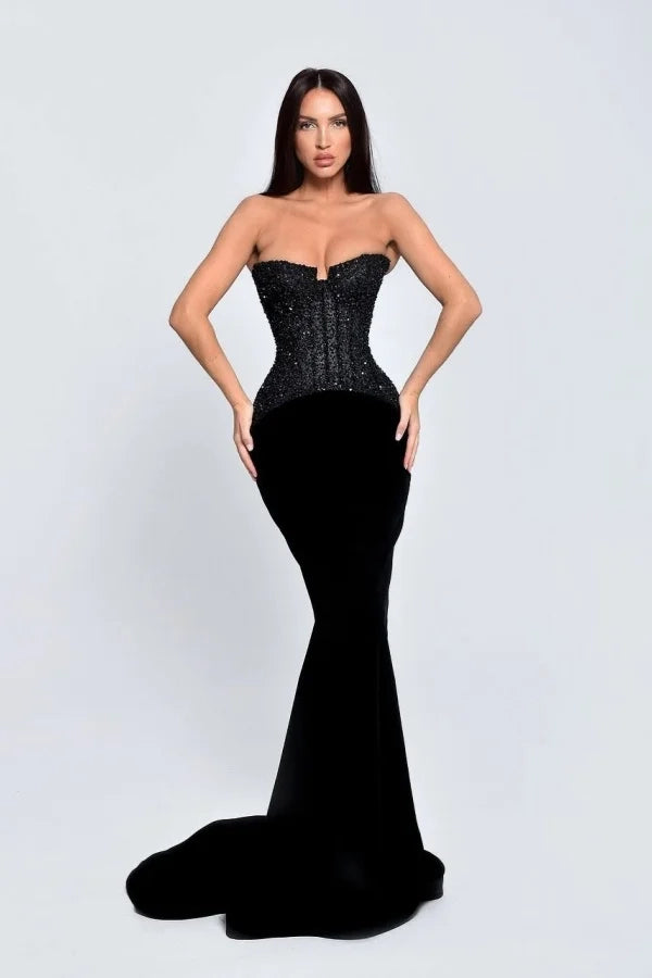 Glamorous Mermaid Strapless Corset Black Floor-Length Prom Dress