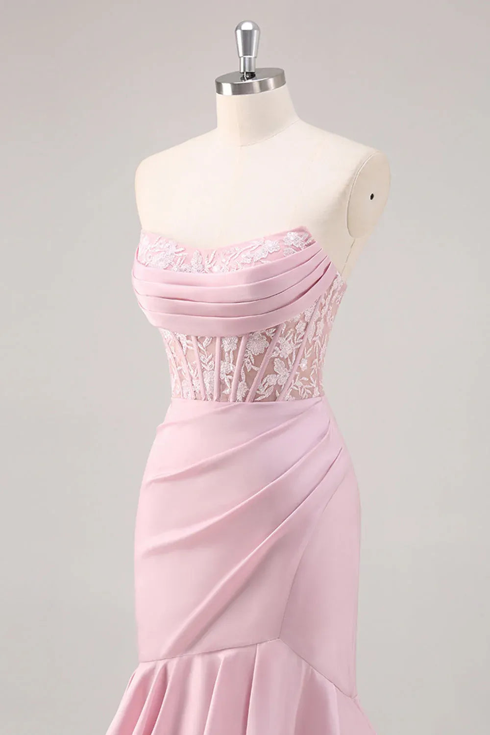Glamorous Mermaid Strapless Corset Lace Tiered Ruffle Blush Maxi Prom Dress