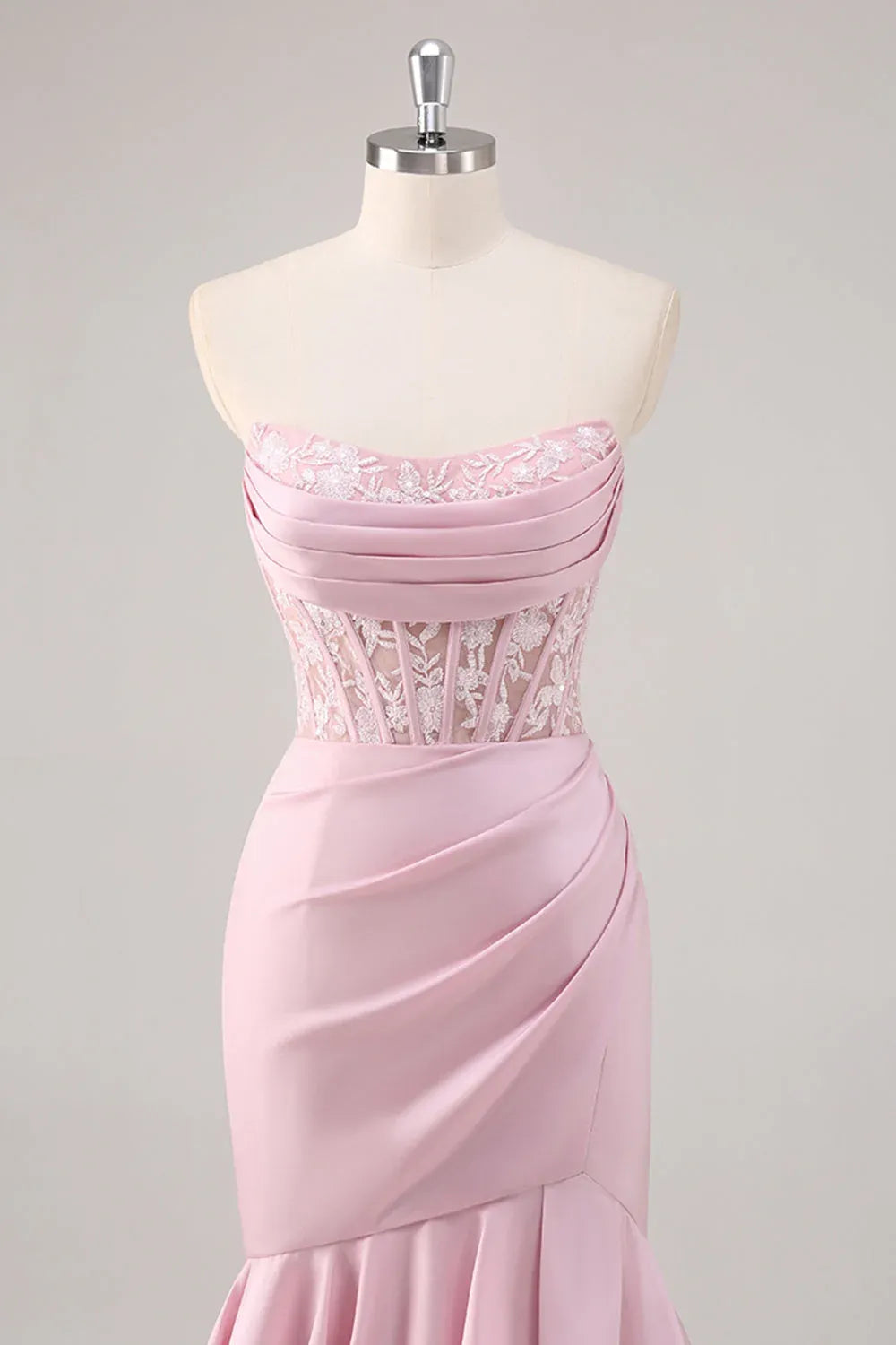 Glamorous Mermaid Strapless Corset Lace Tiered Ruffle Blush Maxi Prom Dress