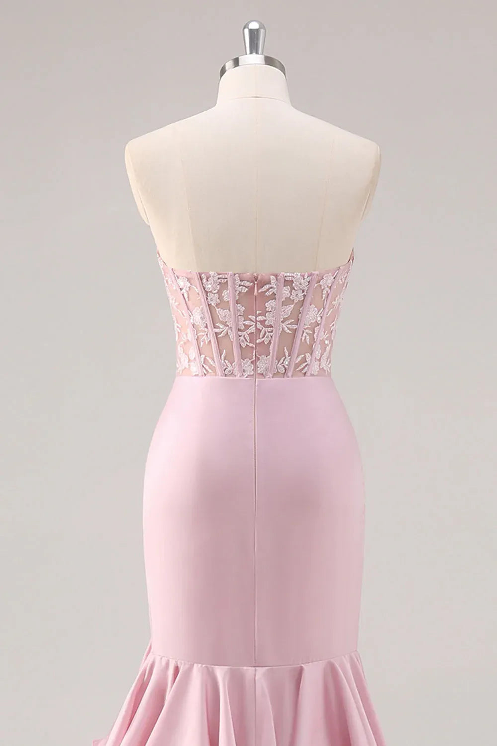 Glamorous Mermaid Strapless Corset Lace Tiered Ruffle Blush Maxi Prom Dress