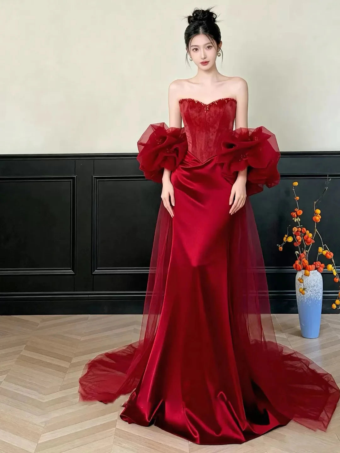 Glamorous Mermaid Strapless Detachable Puff Sleeve Red Maxi Prom Dress