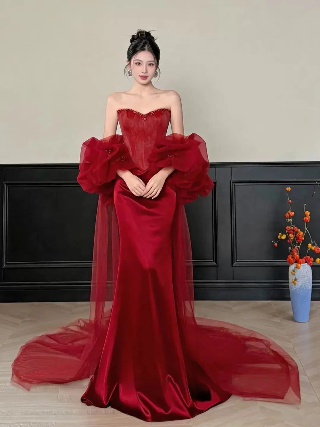 Glamorous Mermaid Strapless Detachable Puff Sleeve Red Maxi Prom Dress