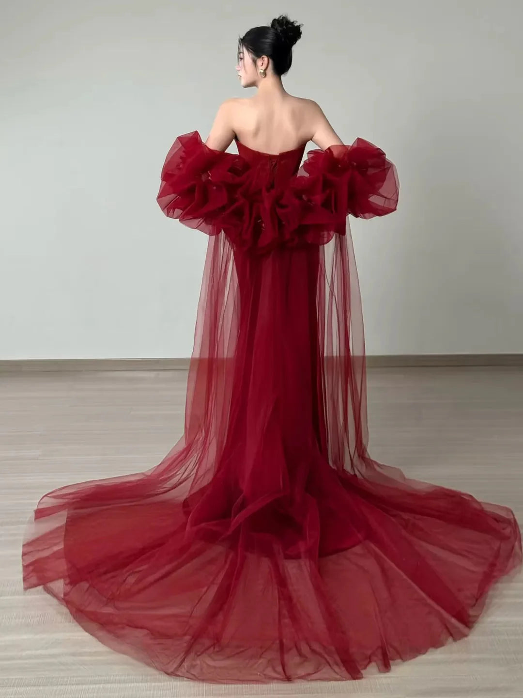 Glamorous Mermaid Strapless Detachable Puff Sleeve Red Maxi Prom Dress