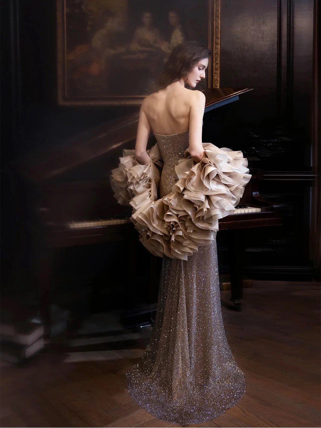 Glamorous Mermaid Strapless Detachable Ruffle Champagne Maxi Prom Dress