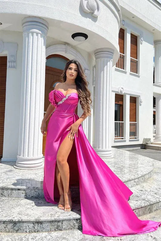 Glamorous Mermaid Strapless Floral Beaded Fuchsia Floor-Length Prom Dresses
