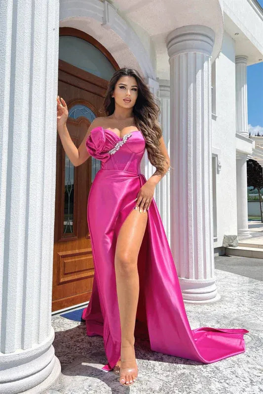 Glamorous Mermaid Strapless Floral Beaded Fuchsia Floor-Length Prom Dresses