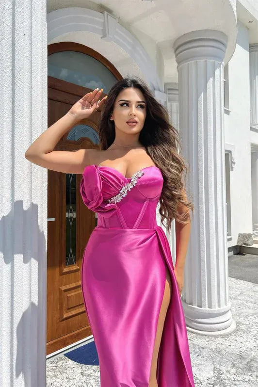 Glamorous Mermaid Strapless Floral Beaded Fuchsia Floor-Length Prom Dresses