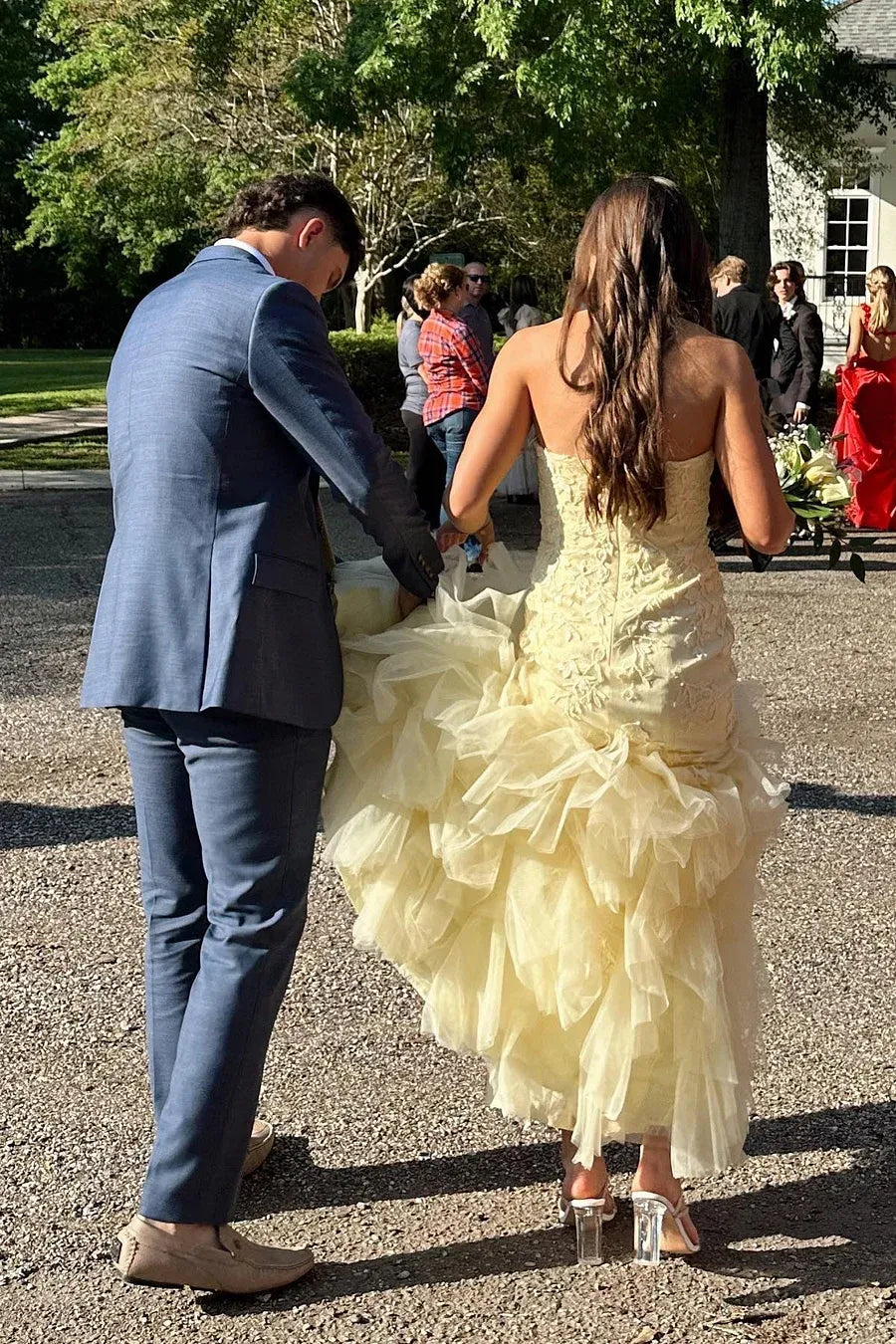 Glamorous Mermaid Strapless Lace Appliques Ruffles Yellow Long Prom Dress