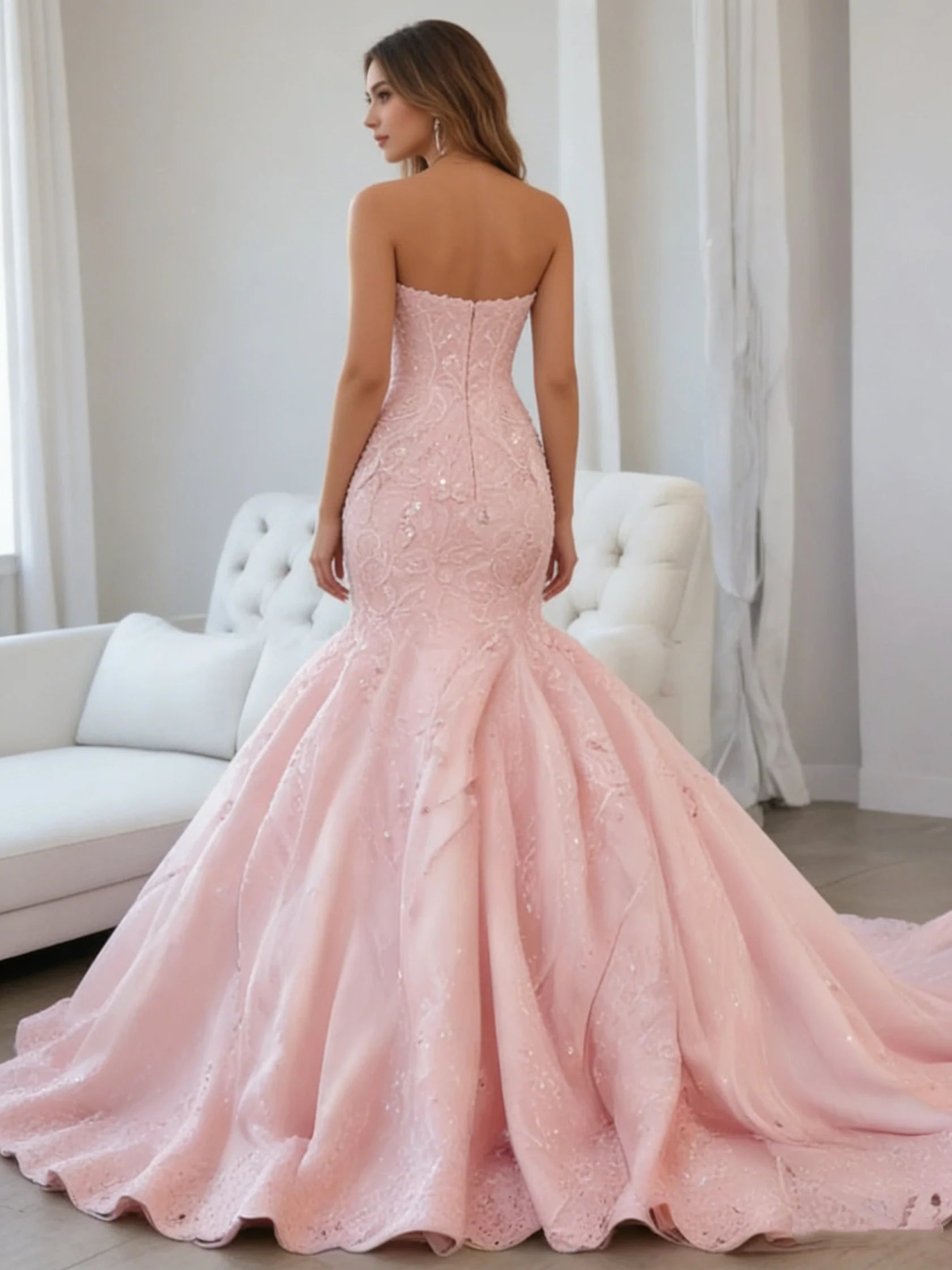 Glamorous Mermaid Strapless Lace Blush Pink Maxi Prom Dress