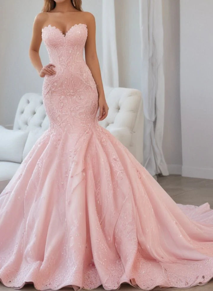 Glamorous Mermaid Strapless Lace Blush Pink Maxi Prom Dress