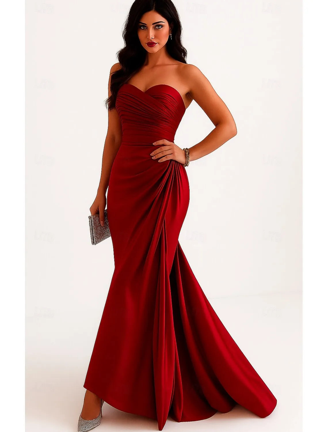 Glamorous Mermaid Strapless Ruched Draped Burgundy Train Prom Dress
