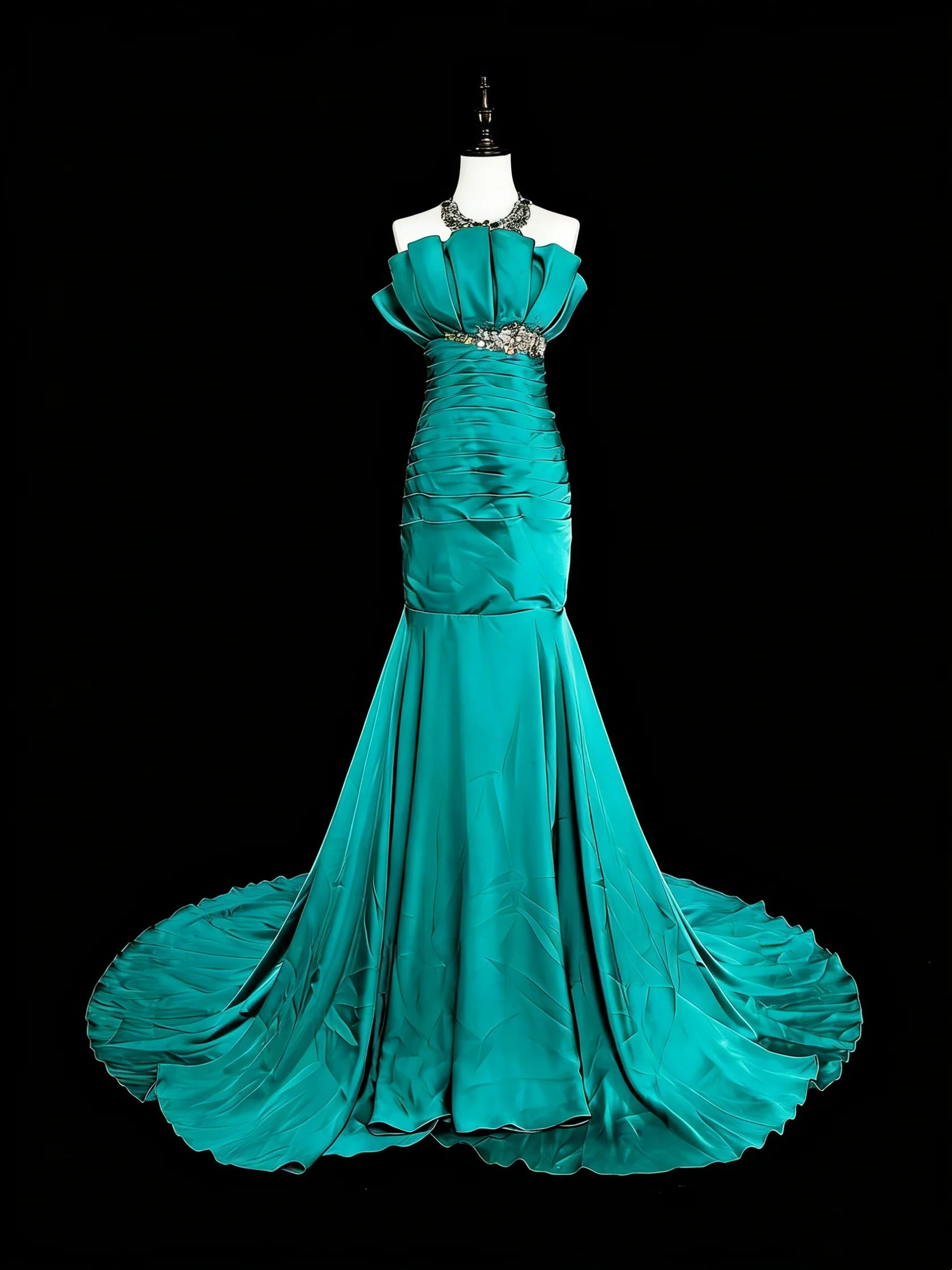 Glamorous Mermaid Strapless Ruched Teal Maxi Prom Dress
