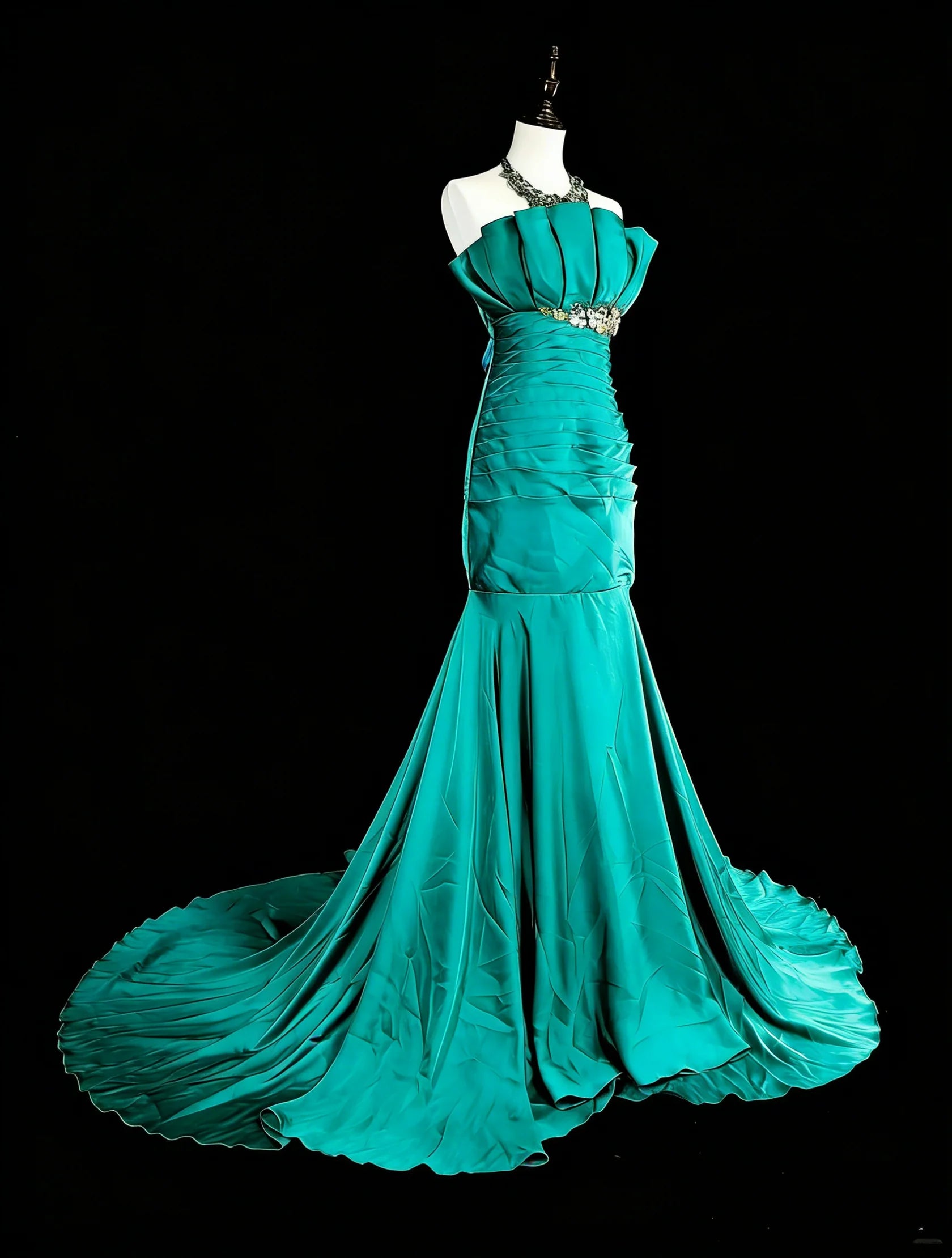 Glamorous Mermaid Strapless Ruched Teal Maxi Prom Dress