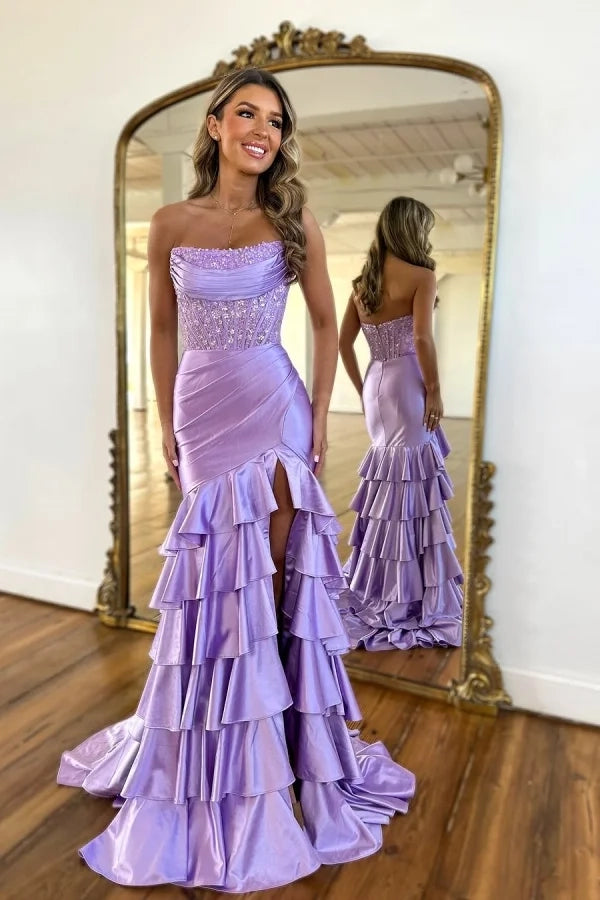 Glamorous Mermaid Strapless Ruffle Lavender Maxi Party Dress