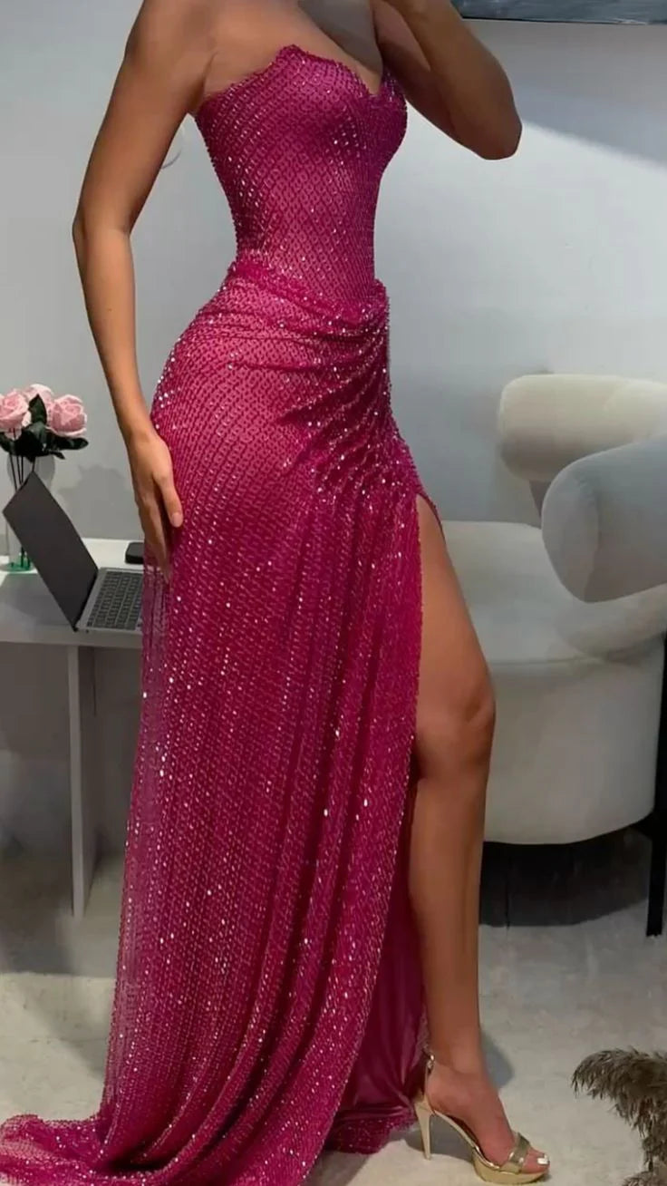 Glamorous Mermaid Strapless Sequin Fuchsia Maxi Prom Dress