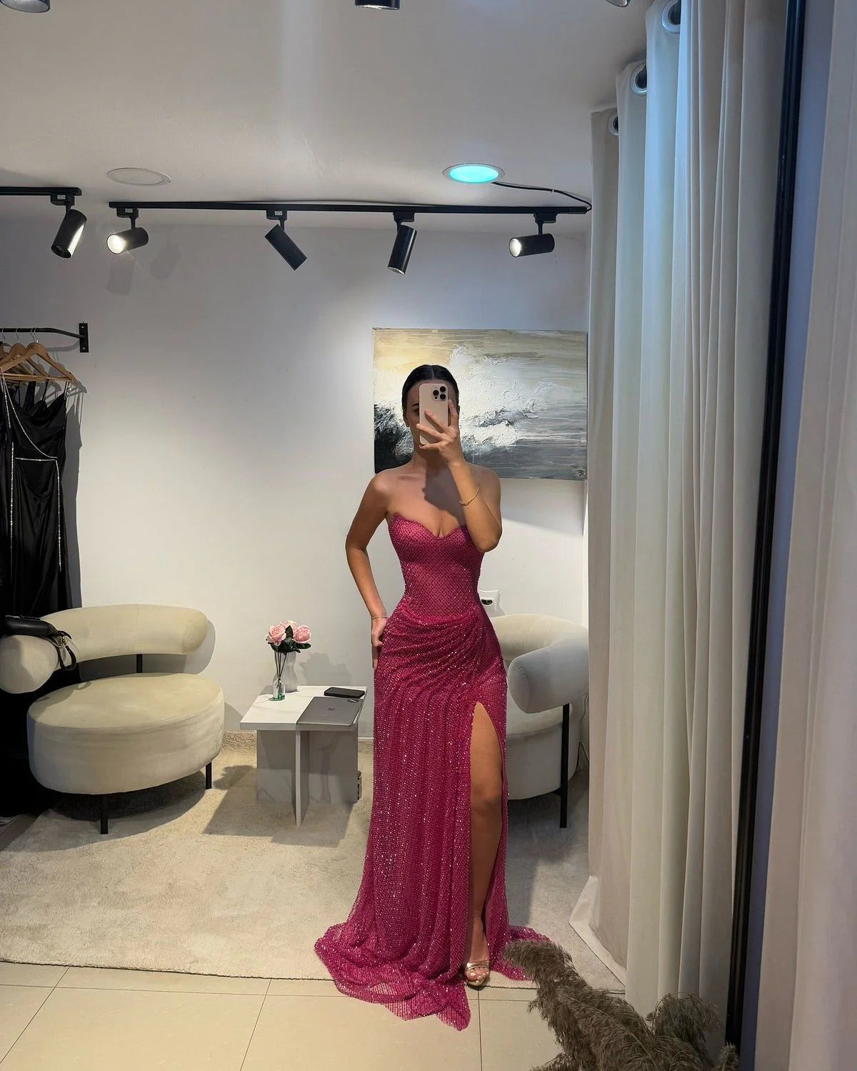 Glamorous Mermaid Strapless Sequin Fuchsia Maxi Prom Dress
