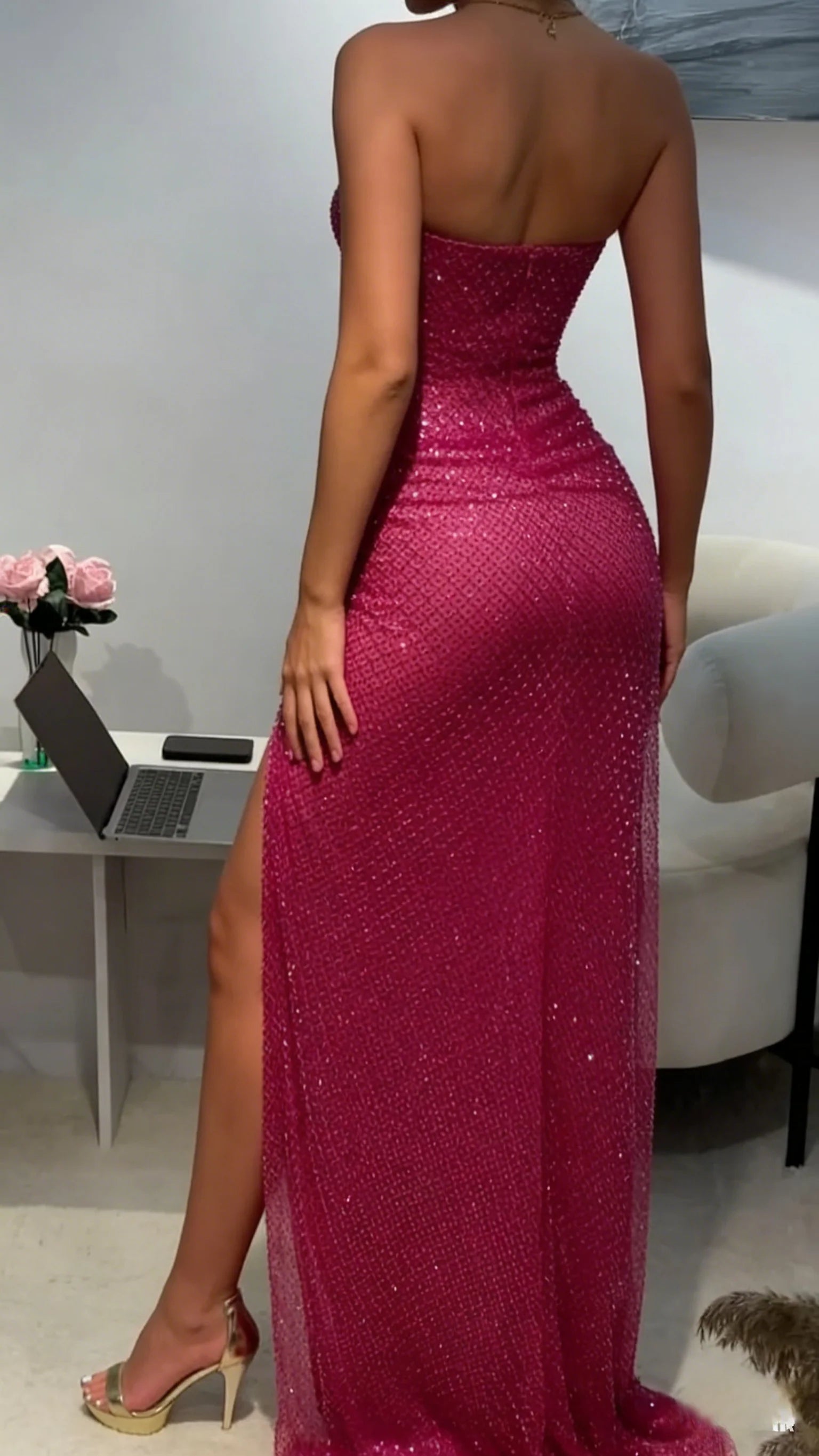Glamorous Mermaid Strapless Sequin Fuchsia Maxi Prom Dress