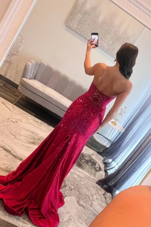 Glamorous Mermaid Strapless Sequin Red Prom Dress