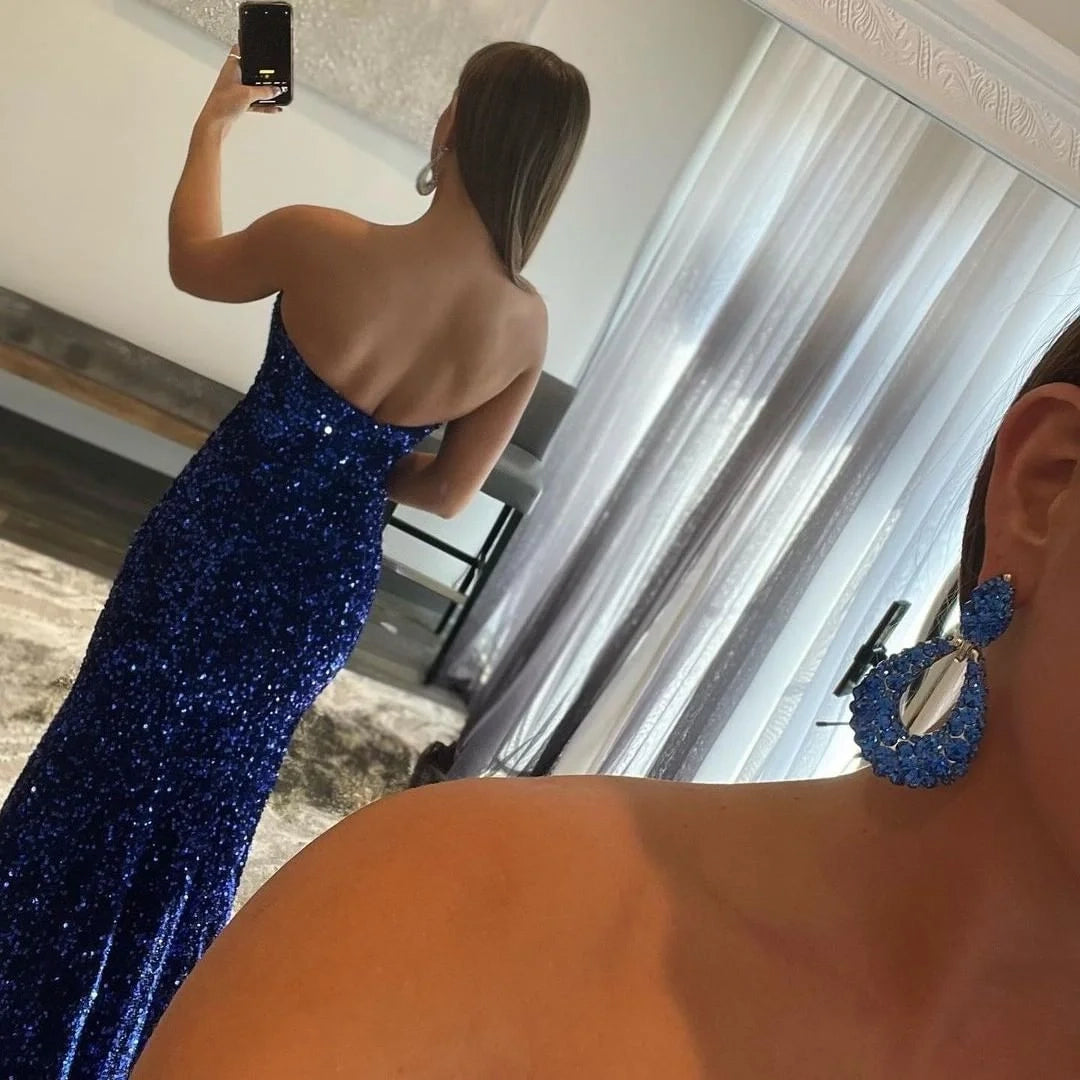 Glamorous Mermaid Strapless Sequin Royal Blue Maxi Evening Dress