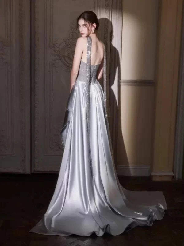 Glamorous Mermaid Strapless Sleeveless Beaded Silver Maxi Prom Dress