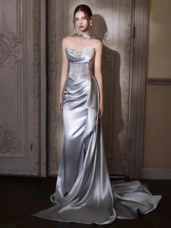 Glamorous Mermaid Strapless Sleeveless Beaded Silver Maxi Prom Dress