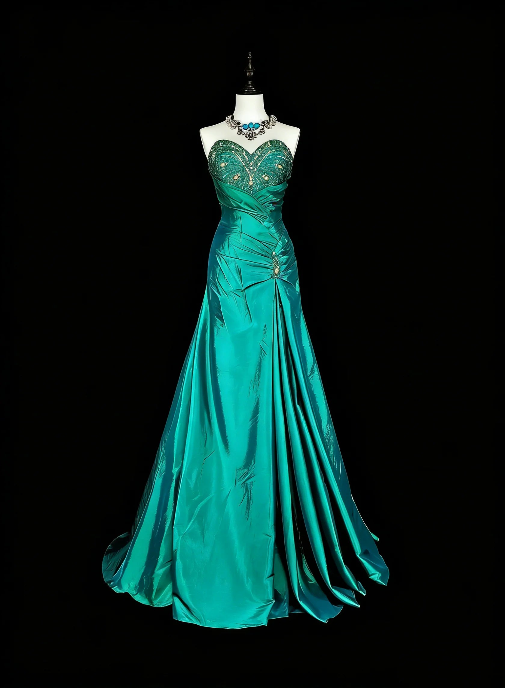 Glamorous Mermaid Strapless Sleeveless Beaded Teal Maxi Prom Dress