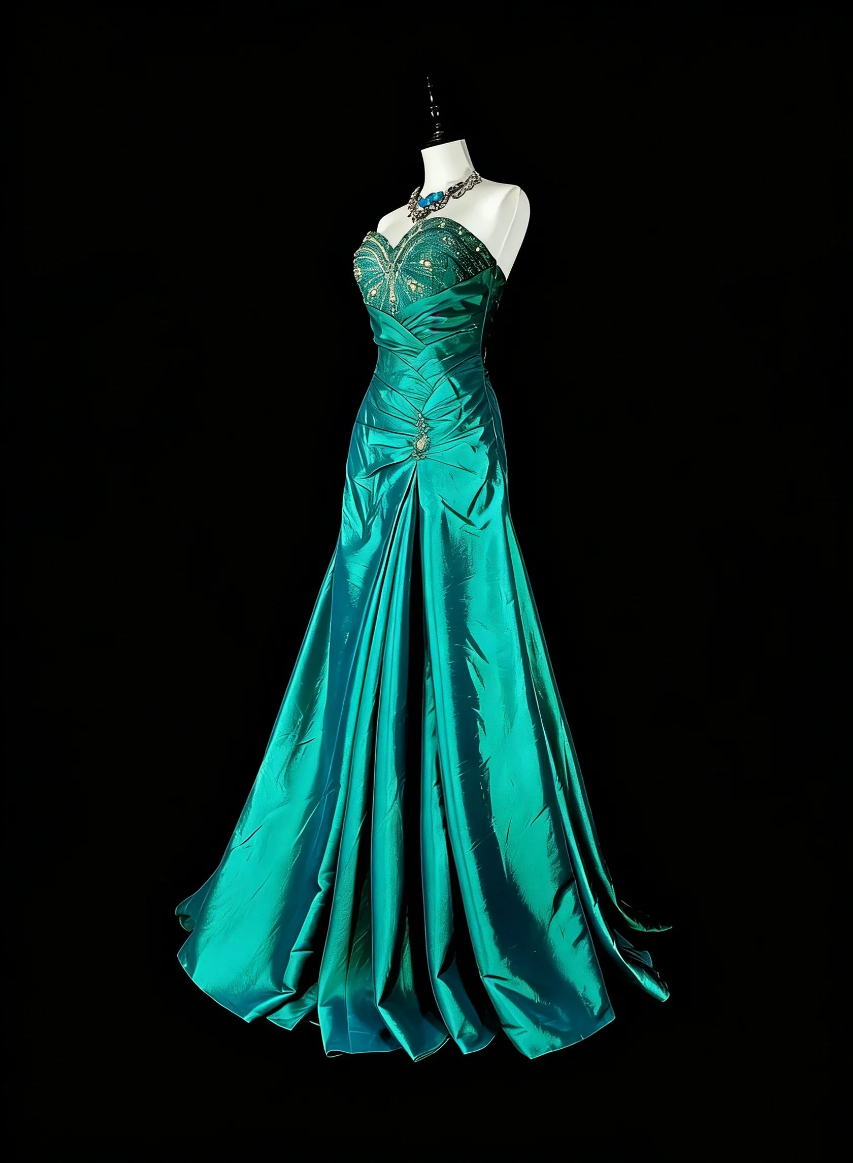Glamorous Mermaid Strapless Sleeveless Beaded Teal Maxi Prom Dress