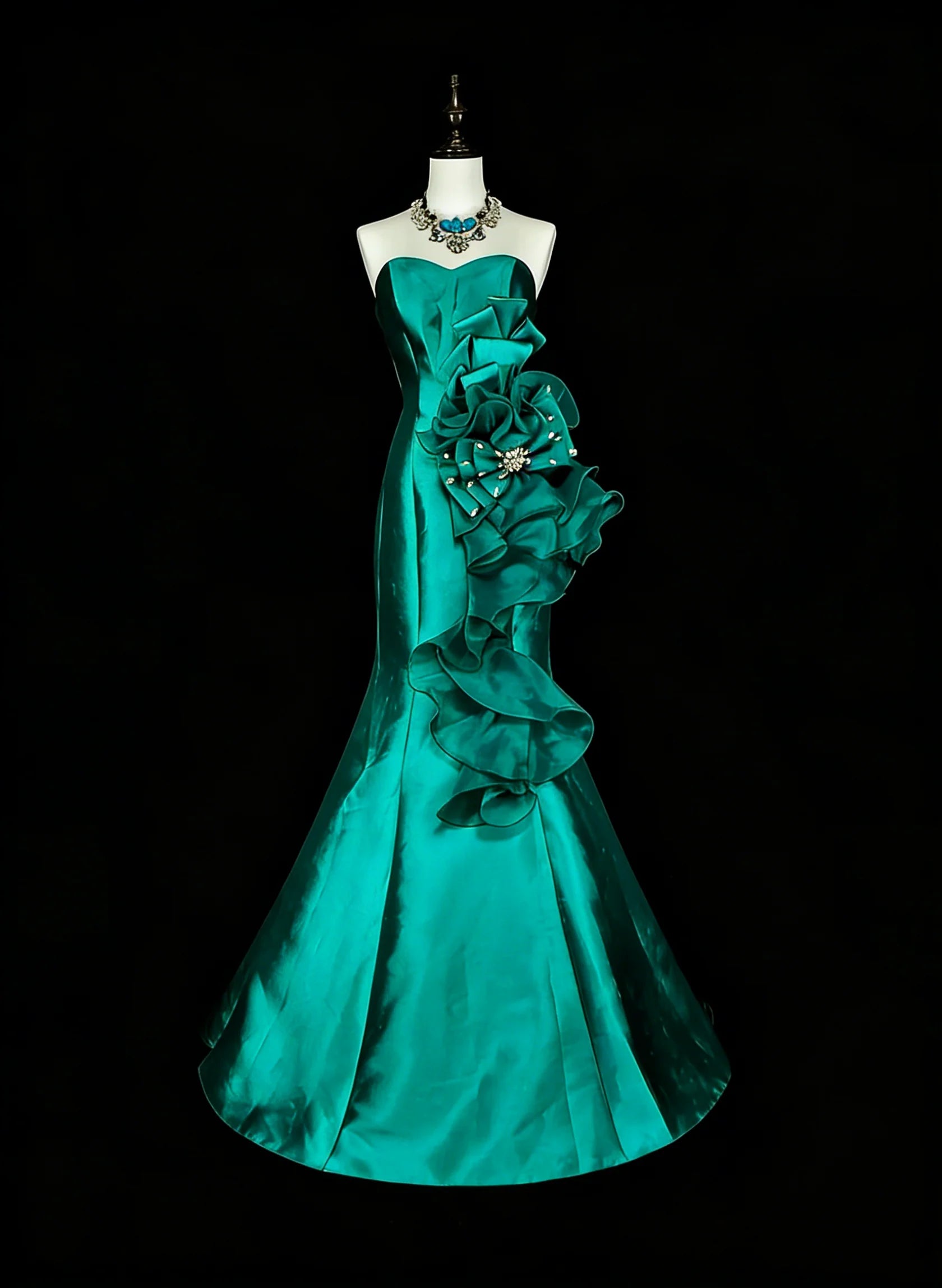 Glamorous Mermaid Strapless Sleeveless Ruffled Teal Maxi Prom Dress