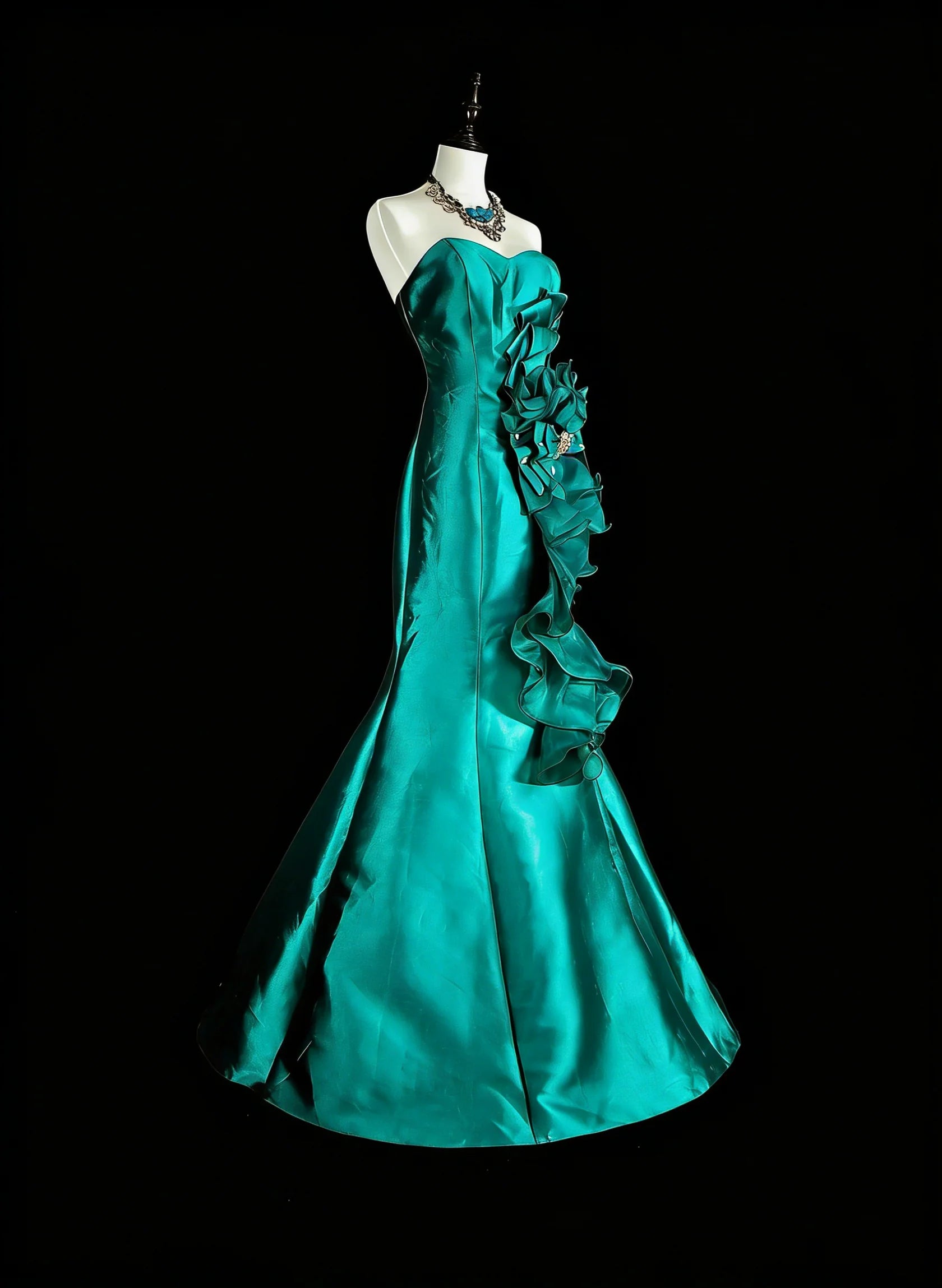 Glamorous Mermaid Strapless Sleeveless Ruffled Teal Maxi Prom Dress