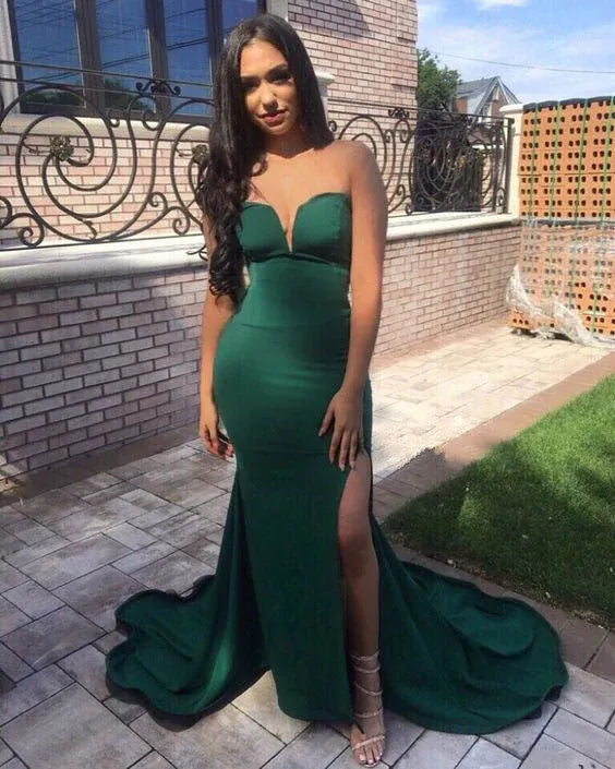 Glamorous Mermaid Strapless Split Emerald Green Train Evening Dress For Sale