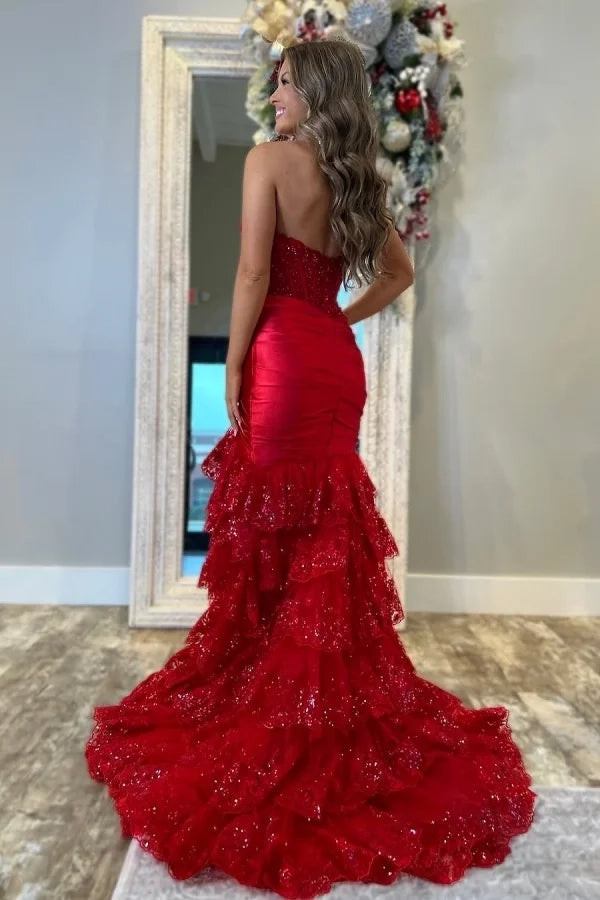 Glamorous Mermaid Strapless Tiered Red Floor-Length Party Dress
