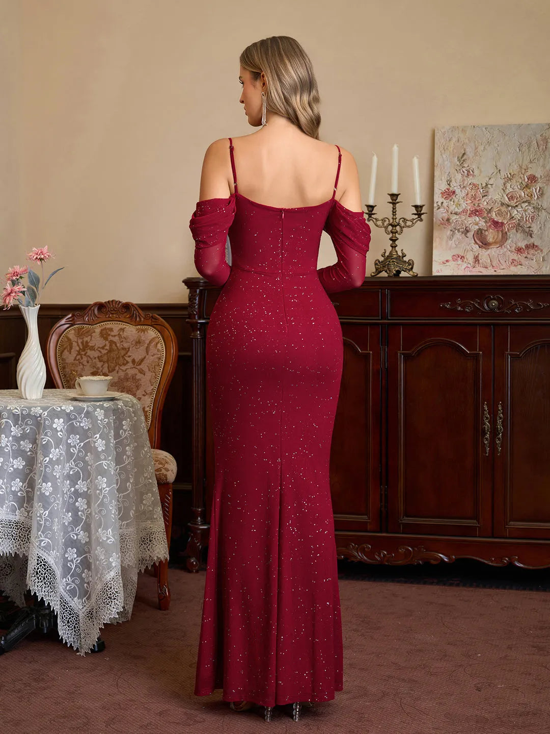 Glamorous Mermaid Sweetheart Neck Off-Shoulder Solid Back Floor-Length Ruched Sequin Prom Dresses