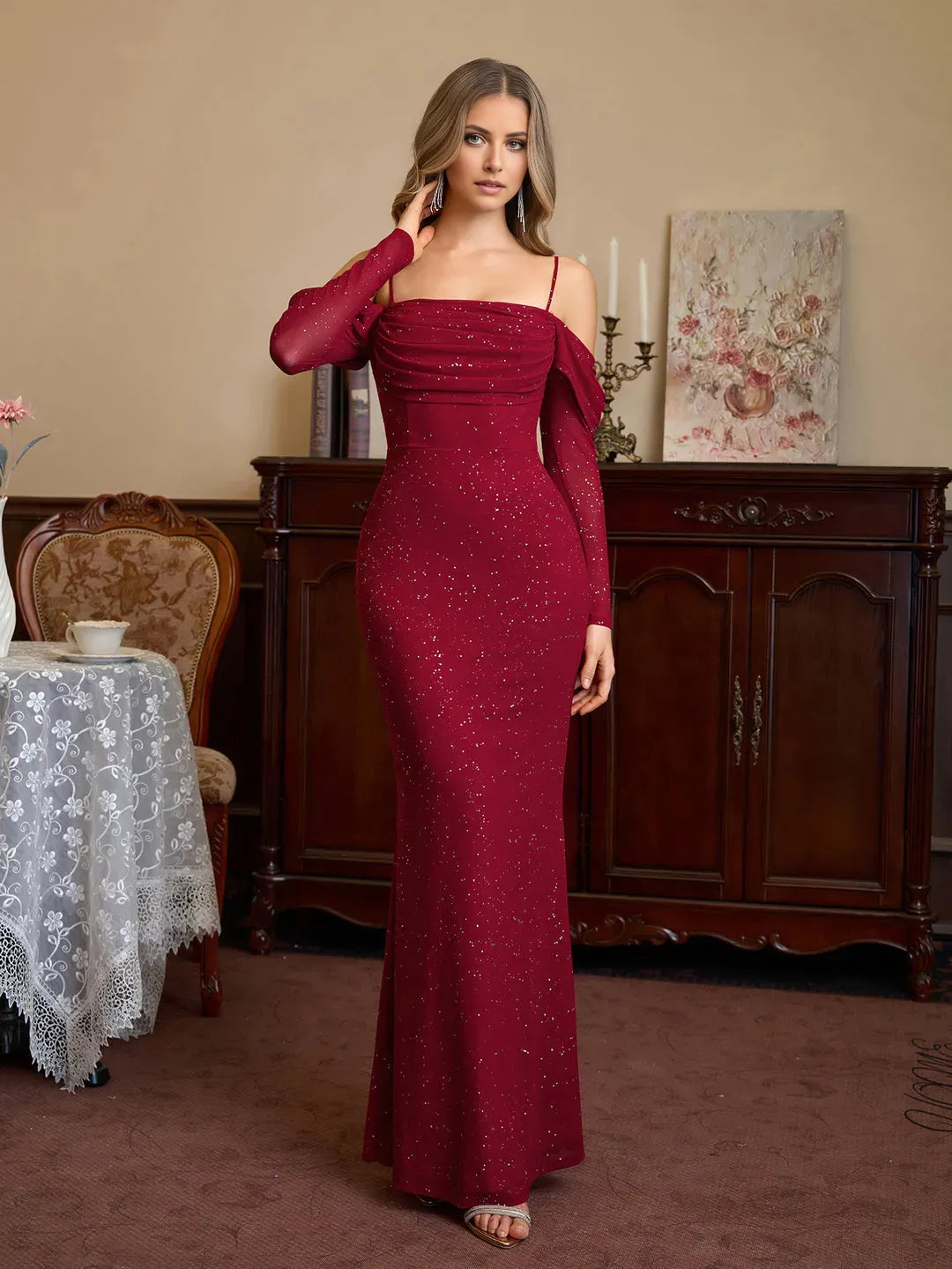 Glamorous Mermaid Sweetheart Neck Off-Shoulder Solid Back Floor-Length Ruched Sequin Prom Dresses