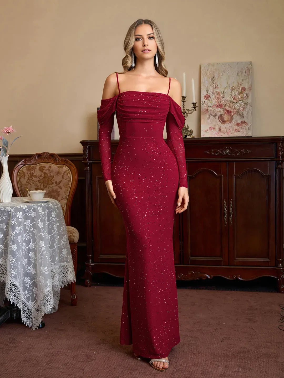 Glamorous Mermaid Sweetheart Neck Off-Shoulder Solid Back Floor-Length Ruched Sequin Prom Dresses