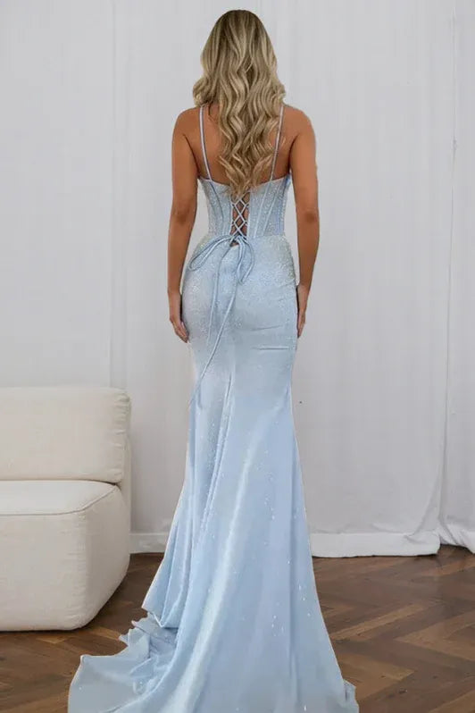 Glamorous Mermaid Sweetheart Neck Sleeveless Glitter Sky Blue Maxi Prom Dress for Women Ready to Ship