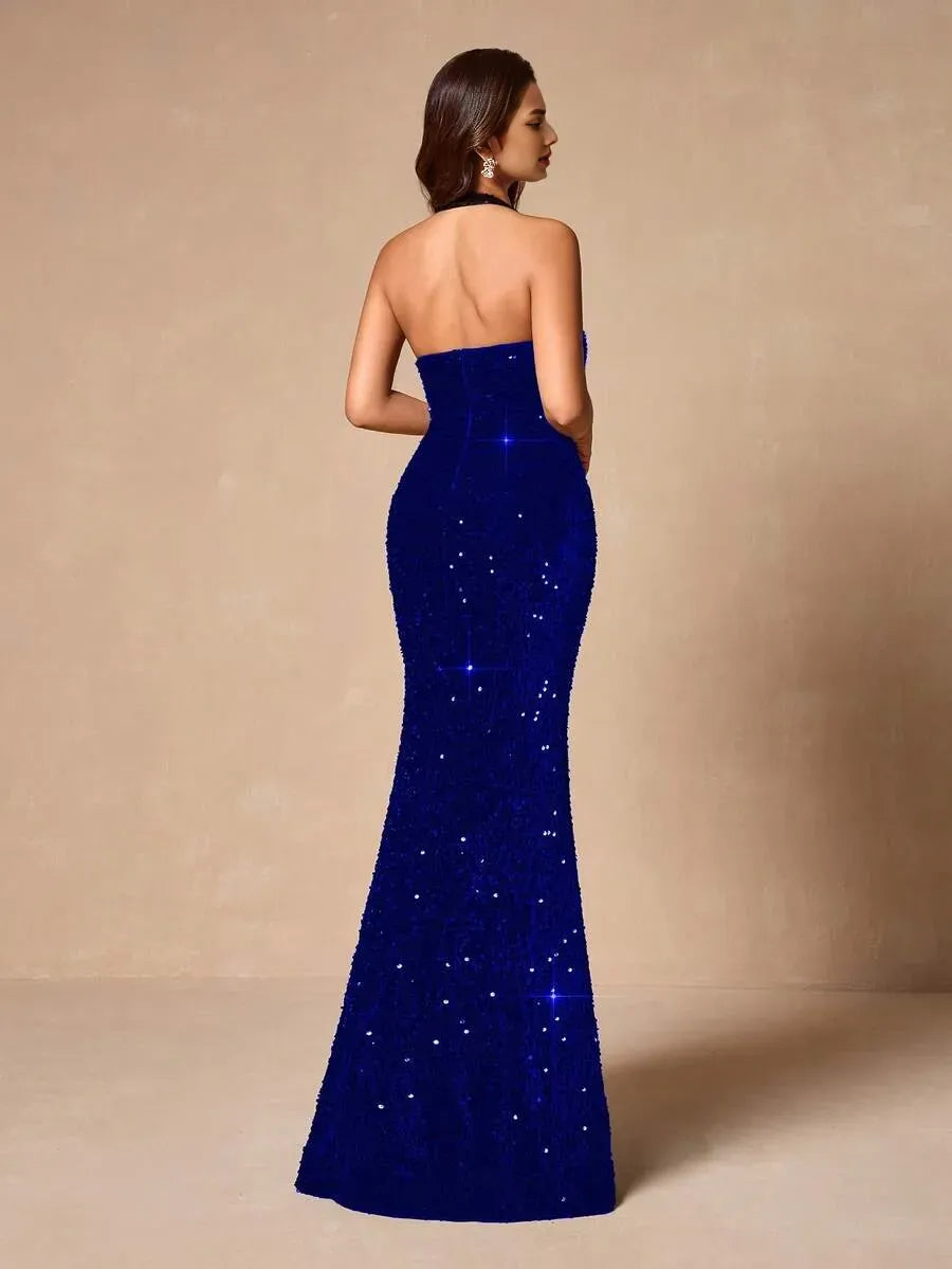 Glamorous Mermaid Sweetheart Neck Sleeveless Sequin Royal Blue Maxi Evening Dress for Women Ready to Ship