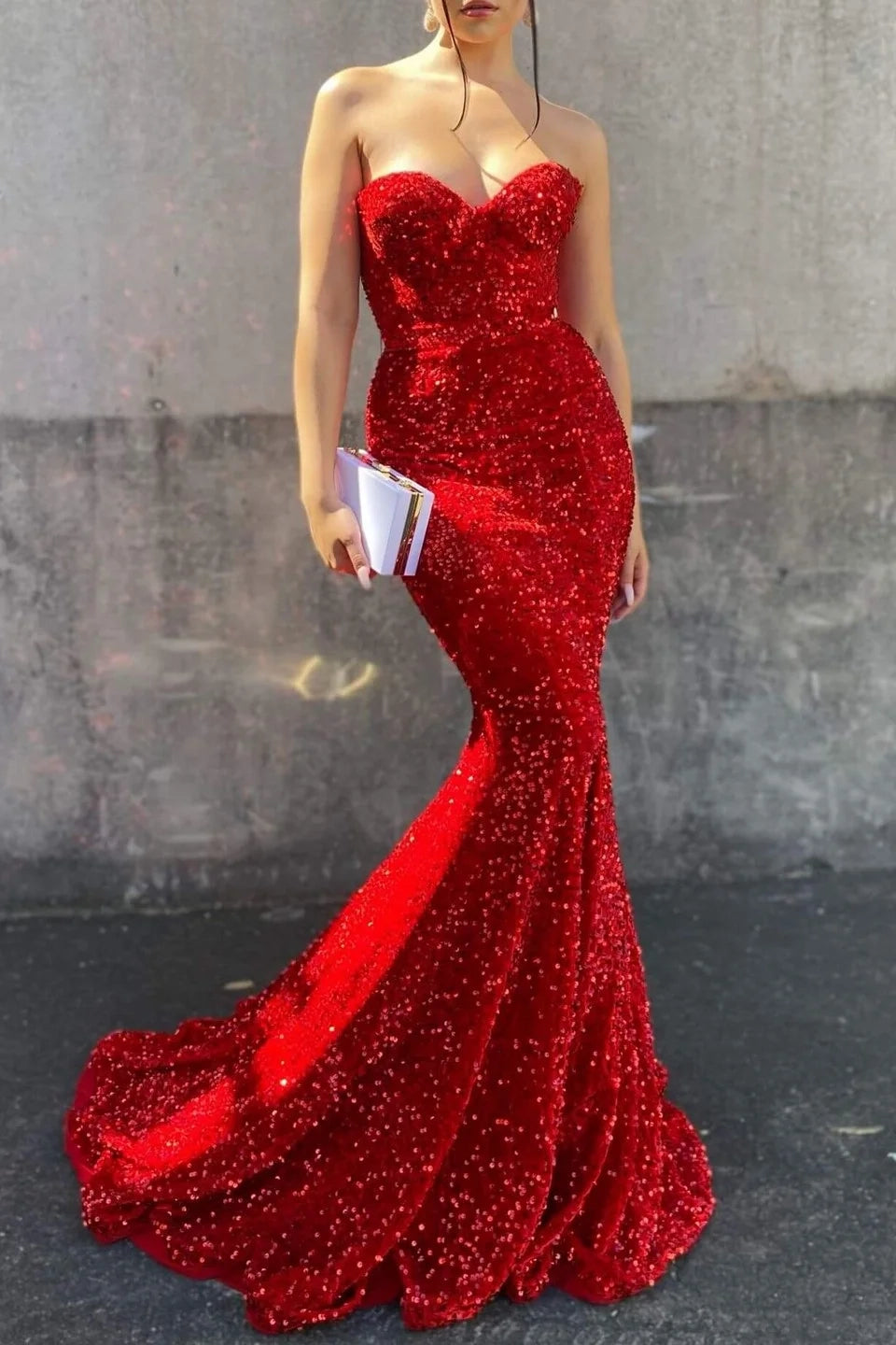 Glamorous Mermaid Sweetheart Sequin Red Maxi Evening Dress