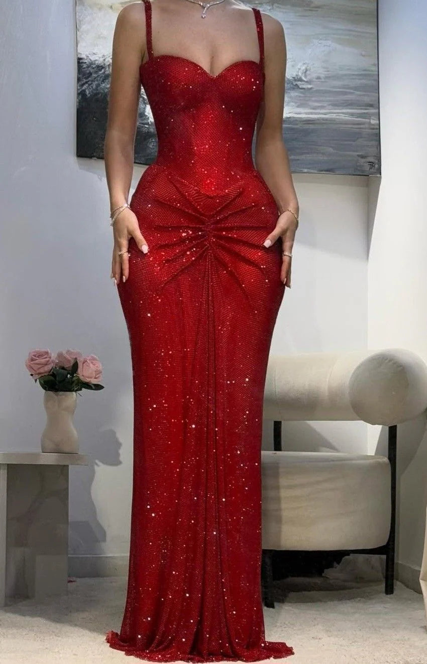 Glamorous Mermaid Sweetheart Sequin Red Maxi Prom Dress