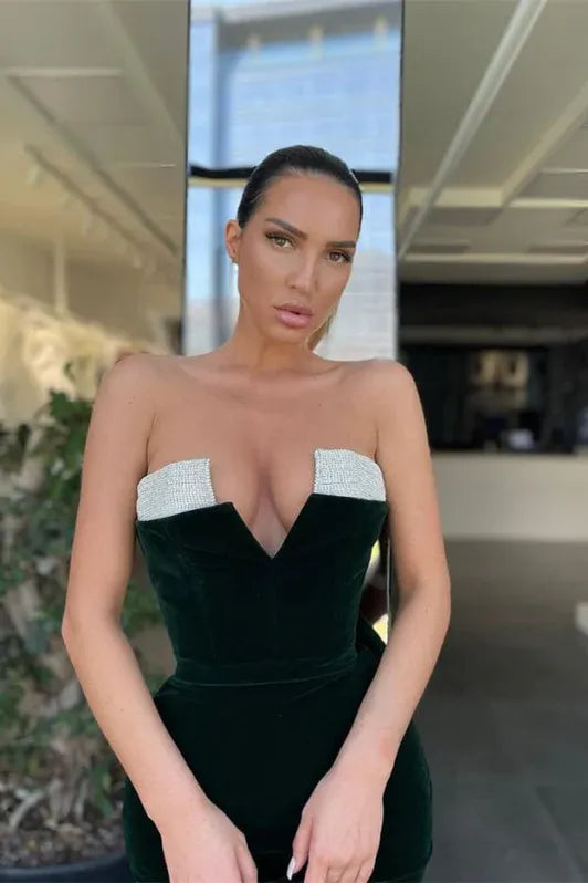 Glamorous Mermaid Strapless Velvet Dark Green Floor-length Evening Dress for Women Ready to Ship