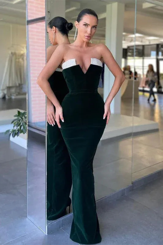Glamorous Mermaid Strapless Velvet Dark Green Floor-length Evening Dress for Women Ready to Ship