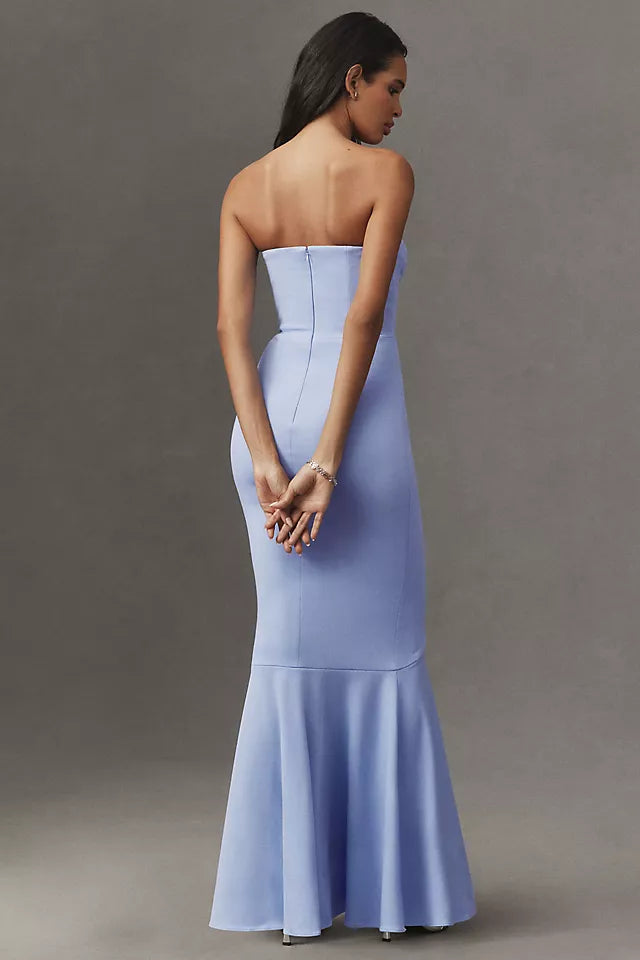 Glamorous  Light Blue Mermaid Sweetheart Strapless Ruffled Back Zip Satin Floor-Length Prom Dress